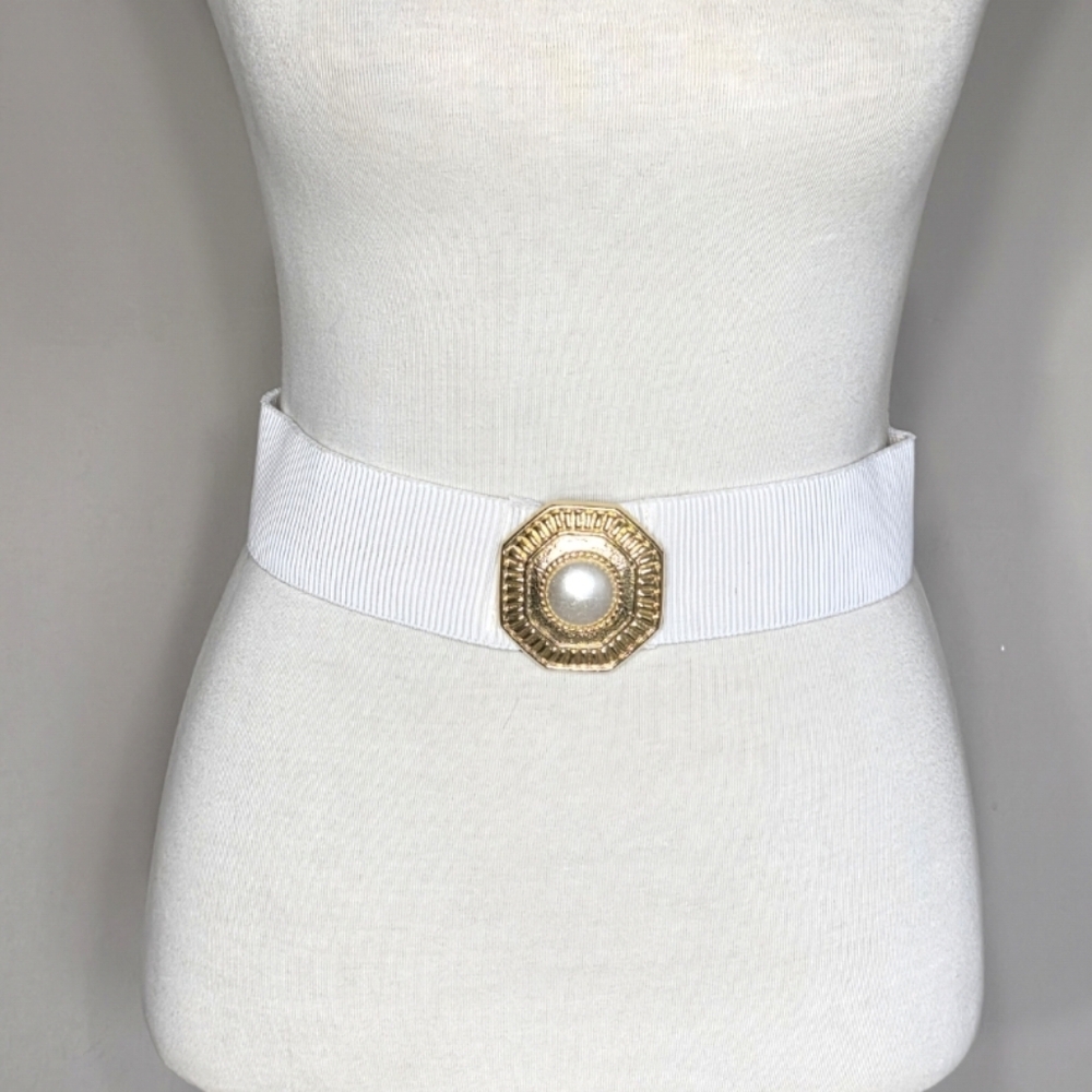 Vinrage Gold and White Women's Belt Stretch Belt With Pearl Size Mefium/Large